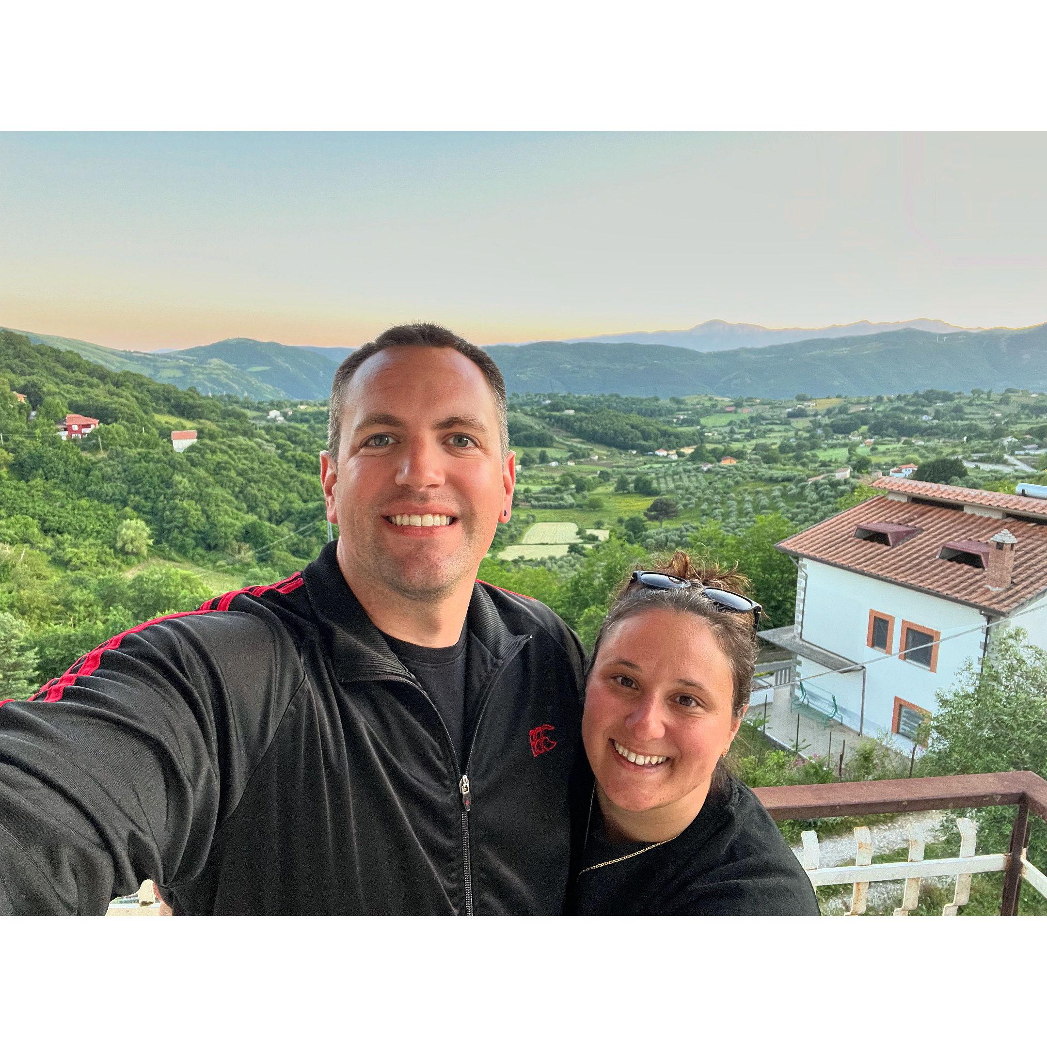 First trip to Ricigliano, Italy with a sunset view on the balcony