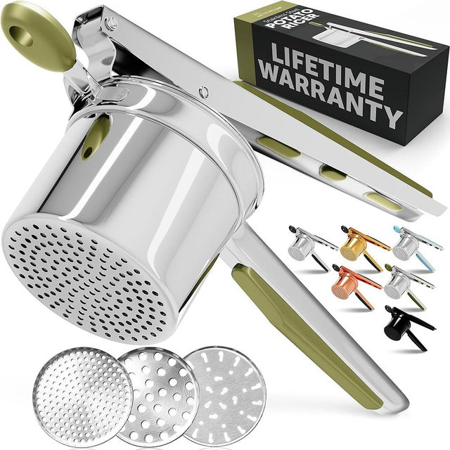 PriorityChef Large 15oz Potato Ricer With 3 Discs, Heavy Duty Stainless Steel Potato Ricer for Mashed Potatoes, Potato Masher, Press and Ricer Kitchen Tool, Olive Green