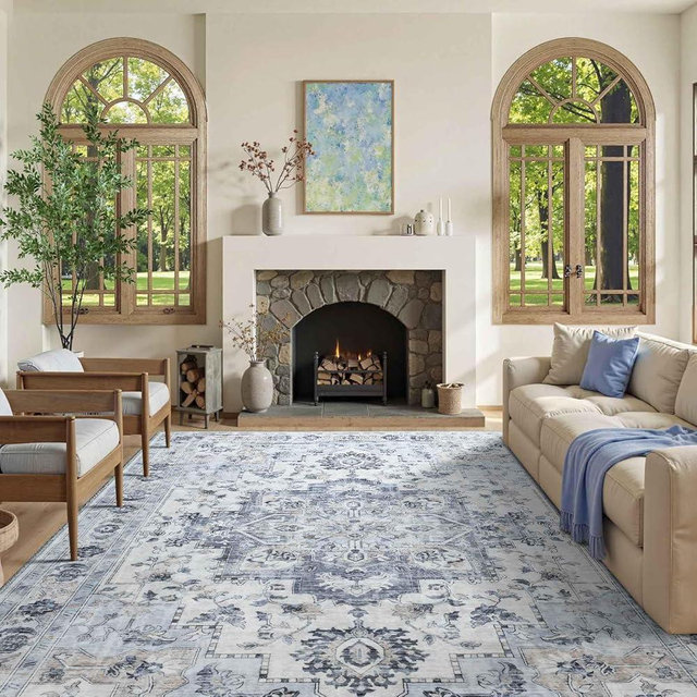Washable Blue Rugs 5x7 for Living Room, Ultra Thin Soft Non-Slip Area Rug, Stain Resistant Carpet for Bedroom Dining Room Playroom Nursery Home Decor (Light Blue)