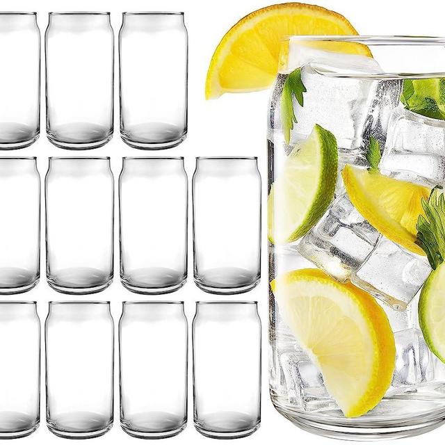 16 oz Can Shaped Glass Cups, Set of 12 Beer Can Glasses, Aesthetic Soda Can Cup Clear Glass Tumbler Beer Glasses, Cute Cups Tall Cocktail Drinkware, Cool Drinking Glasses for Kitchen, Modern Glassware