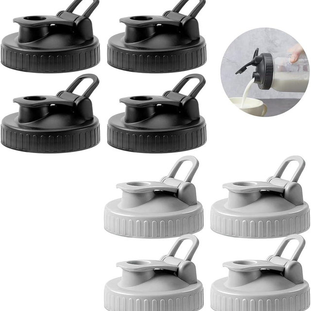 FyndraX Pour Spout Lids for Ball Regular Mouth Mason Jars, Airtight Canning Jar Flip Cap Top Lid for Drinking, Salad, Dressing Pouring, Leak-Proof, Black&Grey Pack of 8