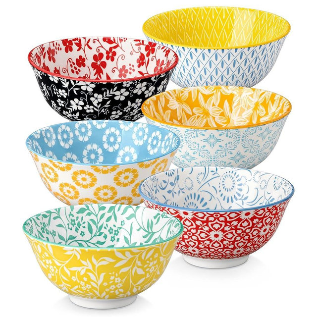 vancasso SELENE 24 oz Cereal Bowls set of 6, Ceramic Soup Bowls for Kitchen, Dishwasher & Microwave Oven Safe- for Cereal, Soup, Pasta, Salad, Pastel Floral Design Bowl Set