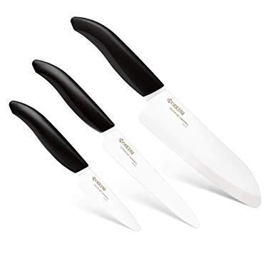 Kyocera Advanced Ceramics – Revolution Series 3-Piece Ceramic Knife Set: Includes 6-inch Chef's Knife; 5-inch Micro Serrated Knife; and 3-inch Paring Knife; Black Handles with White Blades