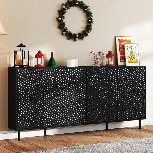 ANJ Black TV Stand for 75 inch TV, Mid-Century Modern TV Console Stand with Storage Cabinet, Entertainment Center with Adjustable Shelf Design,Textured Honeycomb Pattern