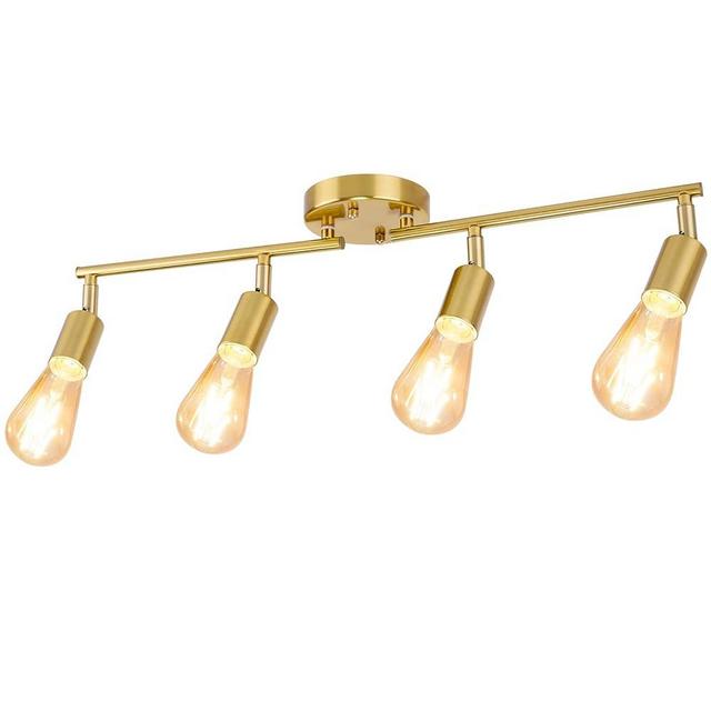 JQiRe 4 Lights Track Lighting Fixtures Ceiling, Flush Mount Gold Track Lights Kit, Modern Directional Kitchen Ceiling Lamp with Flexibly Adjustable E26 Light Heads, for Living Room, Office