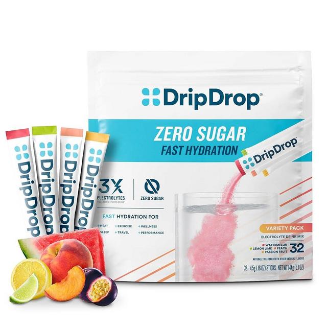 DripDrop Sugar Free Hydration Packets - Zero Classic Variety Pack - Single Serve Electrolytes Powder Drink Mix - Lemon Lime, Watermelon, Peach, Passion Fruit - Non-GMO, Gluten Free, Vegan - 32 Sticks