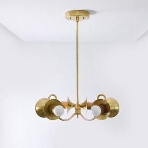 Raw Brass Gold Modern Chandelier Curvy Arm 6 Trumpet Cover Light Pinwheel Sputnik Mid Century Industrial Hanging Light UL Listed