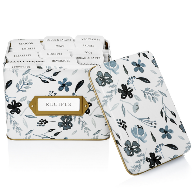 Recipe Tin Kit - Indigo Floral Tin, Recipe Cards, and Classic Index Dividers
