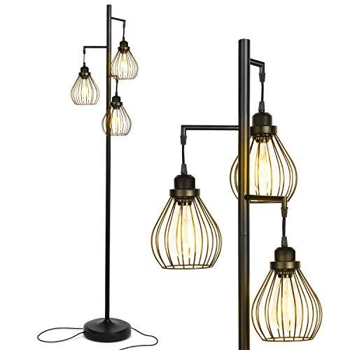 Brightech - Teardrop LED Industrial Floor Lamp for Living Room – Rustic, Tall Tree Lamp with 3 Hanging Edison LED Light Bulbs - Vintage Lamp for Ambience - Black