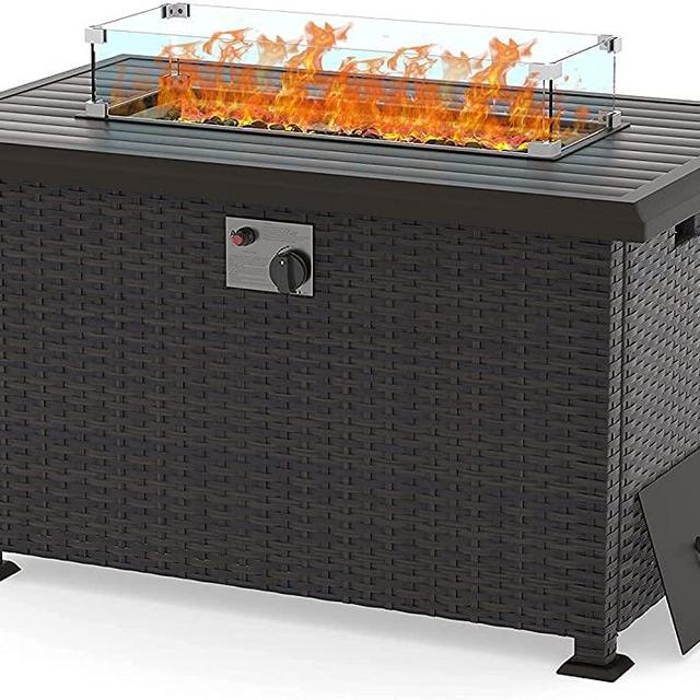 Kullavik 43" Propane Gas Fire Pit Table 50,000 BTU Auto-Ignition Wicker ETL Certified Outdoor Fire Pits with Glass Wind Guard,Fire Glass,Slide Out Tank Holder,Lid,Waterproof Table Cover