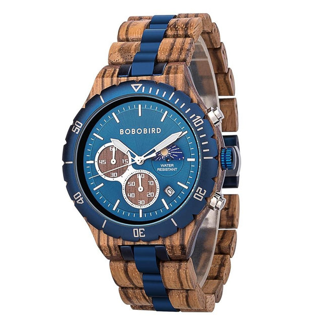 BOBO BIRD Mens Quartz Wooden Watches Stainless Steel Red Sandalwood Alloy Wood Watch for Male Classic Function Wristwatch Chronograph Luminous Hands Day and Night Date Display