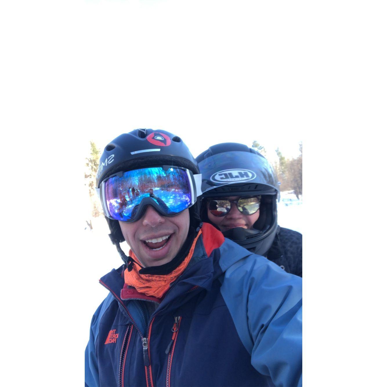 Alison and Jack's first selfie together! And their first time snowmobiling.