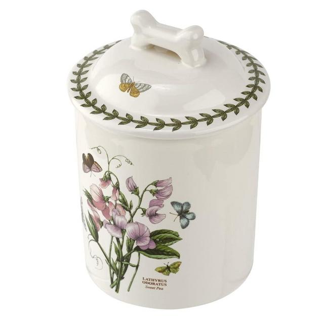 Portmeirion Botanic Garden 7" Pet Treat Jar with Lid | Sweet Pea Motif | Bone Shaped Handle | Fine Porcelain | Dishwasher, Microwave, and Freezer Safe