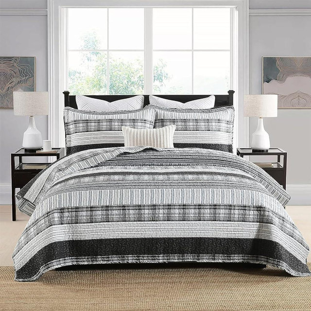 Homzard King Size Quilt,Black and White Striped Quilt King Size Bedding Set,Grey King Quilt Bedding Set,Farmhouse Lightweight Quilt Set for King Size Bed,100% Cotton Quilt Bedding All Season