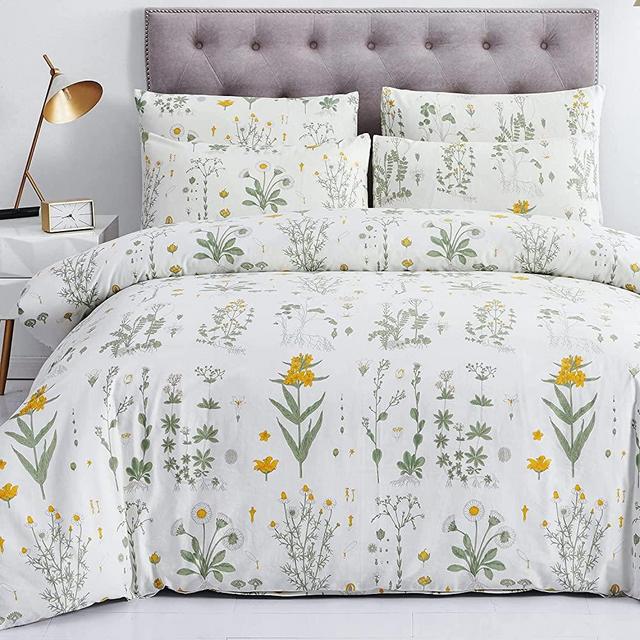 OREISE Botanical Duvet Cover Set, 100% Cotton Bedding, Yellow Flowers and Green Leaves Floral Garden Pattern Printed on White (3Pcs, Full/Queen Size)