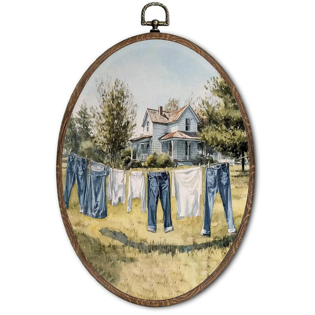 FLAWAFLOMA Vintage Laundry Oval Wall Art Decor, Vintage Room Canvas Wall Art Framed, Retro Clothesline Hanging Decorations for Washroom Bathroom Laundry Room Home Decor, 8.6x11.4 Inch