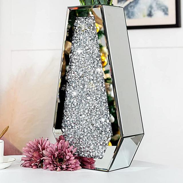 Crushed Diamond Mirrored Flower Vase Large Glass Vase Modern Crystal Decorative Mirror Vases Stunning Luxury Tall Floor Vase for Centerpieces Flowers Home Decor, Silver, 14" H. Can’t Hold Water.