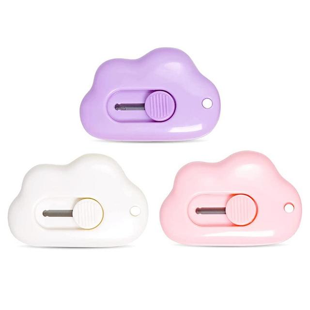 Fengek 3 Pcs Mini Retractable Utility Knife Cloud Pocket Box Cutters Plastic Letter Opener Slide Open with Keychain Hole for Box Letter Envelope, Cloud Shape (Multicolor A)