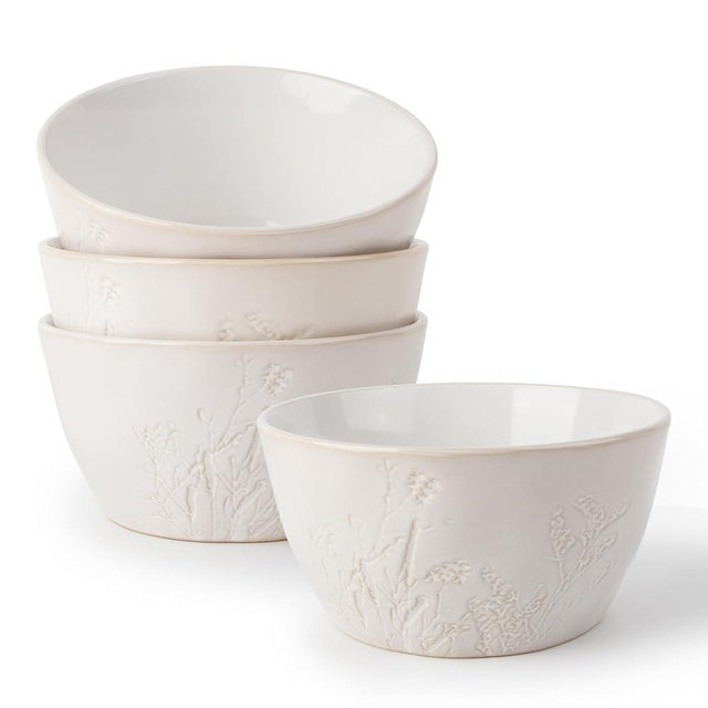 DOWAN Cozy Bowls, 32 OZ Soup Bowl Set of 4, Large Ceramic Bowls for Soup, Cereal, Pasta Bowls, Embossed Floral Design, Stackable, Microwave & Dishwasher Safe, for Ramen and Salad