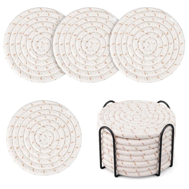 Geichan Coasters with Holder, Cotton Woven Coasters，Absorbent Coasters Set of 8 for Table Protection, Home Decor, Glasses, Cups, Bar, Housewarming Gift
