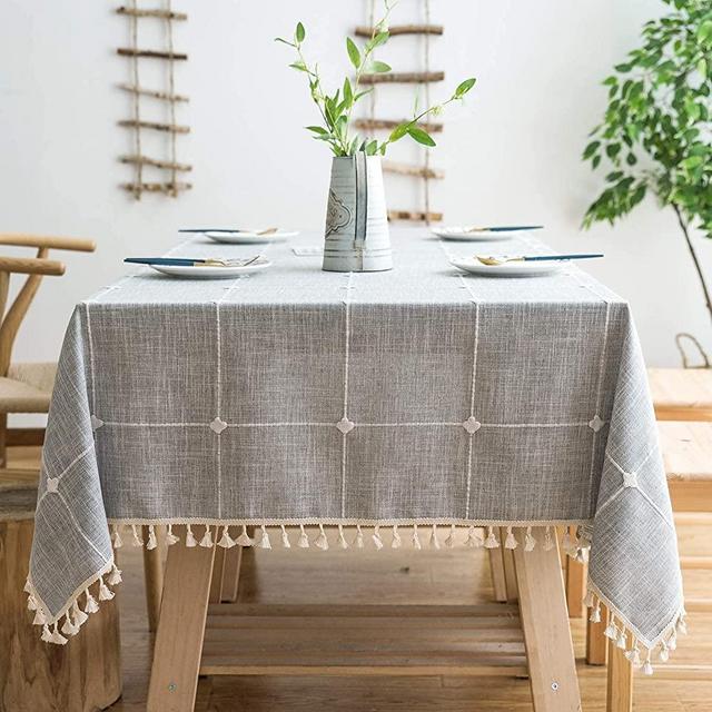 Lipo Rustic Tablecloth Embroidery Fabric with Tassel - Waterproof Tablecloths for Rectangle Tables Wrinkle Free Oil Stain Resistant Outdoor Table Cover for Party Dining Plaid Table Cloths Grey 55 X 86