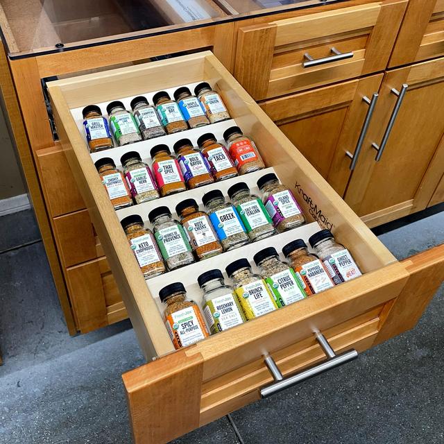 Natural Wood Kitchen Spice Drawer Organizer - Wooden Spice Rack Organizer for Cabinet - Large 4 Tiers Tray Insert for Kitchen Storage and Organization (Made in USA) (10"x19")