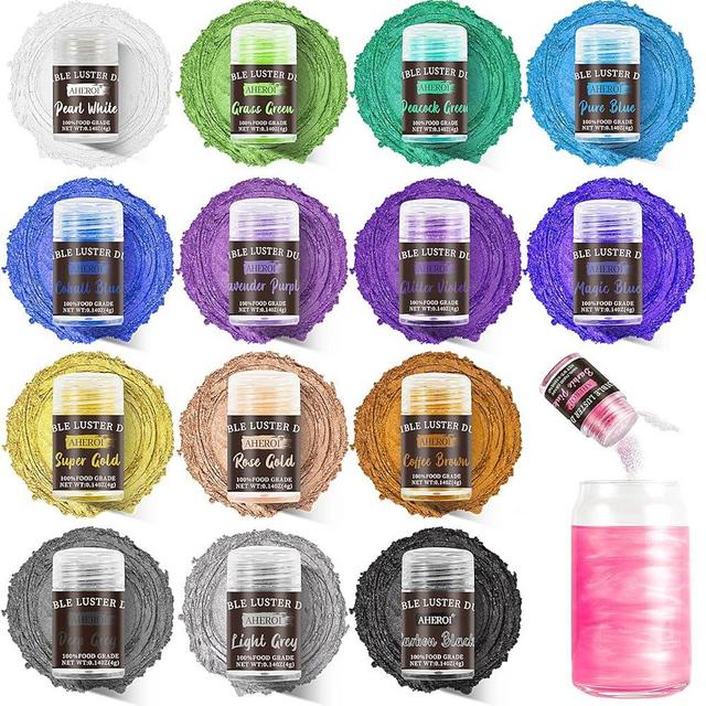 Aheroi Edible glitter Set of 15, Food Grade Edible Powder ocktail Glitter Shimmering Glitter for Drinks, Luster Dust Sprinkles Powder Glitter for Fondant Cake Decorating(4g/0.14oz)