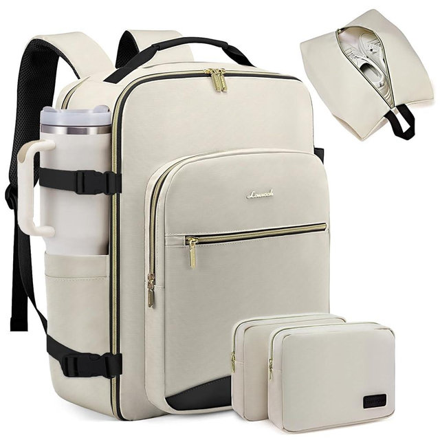 LOVEVOOK 40L Large Travel Backpack for Women Men, 17 Inch Carry on Backpack for Traveling on Airplane, Personal Item Travel Bag Airline Approved, Business Causal Weekender Backpack, Beige-Black
