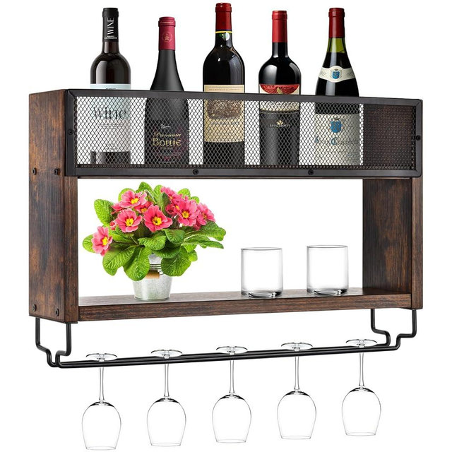 WOYAOHJK Wood Wine Racks for Wall,Wall Wine Rack with Glass Holder,Wall Mount Wine Rack,Wine Wall Rack,Wine Holder Wall Mounted,Wall Mount Wine Glass Holder for Dining Room Home Bar Kitchen.Brown