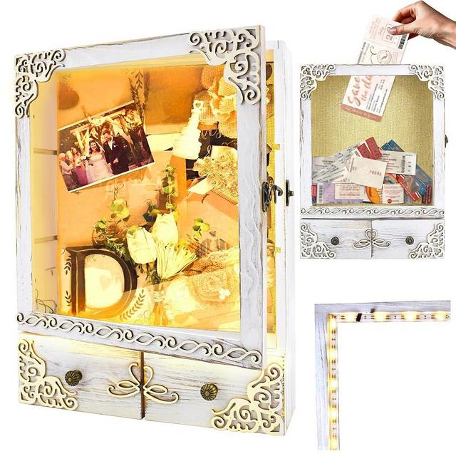 KWYADLUO Large White Shadow Box with Light, Deep Shadow Box with Shelves and Drawer, Shadow Box Frame with Slot Acrylic Top Loading Shadow Box Wood Memory Box for Picture Flowers Wedding Memorial