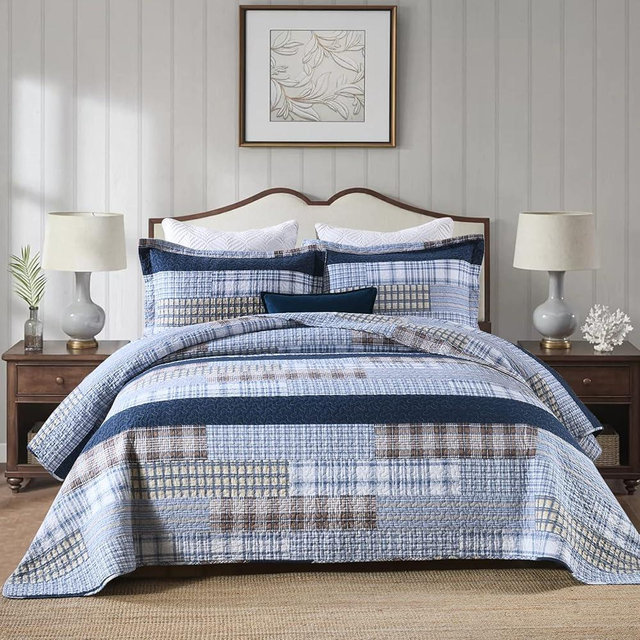 PANGUSHAN Quilt Set Queen Size, 100% Cotton Quilt Bedding Set Bedspreads, Patchwork Plaid Farmhouse Reversible Lightweight Comforter Bed Spread for Queen Bed, Blue, 3 Pieces