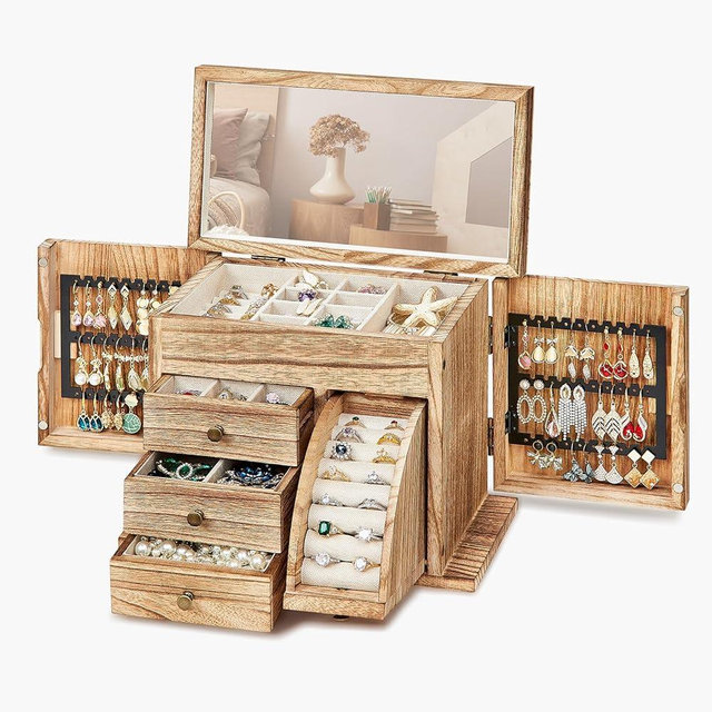 Poyilooo Jewelry Box Organizer, Solid Wood Jewelry Boxes fow Women with Mirror, Double Layer Jewelry Organizer Box Display Earring Necklace Bracelet Ring, Rustic Style Small Jewelry Box for Girls