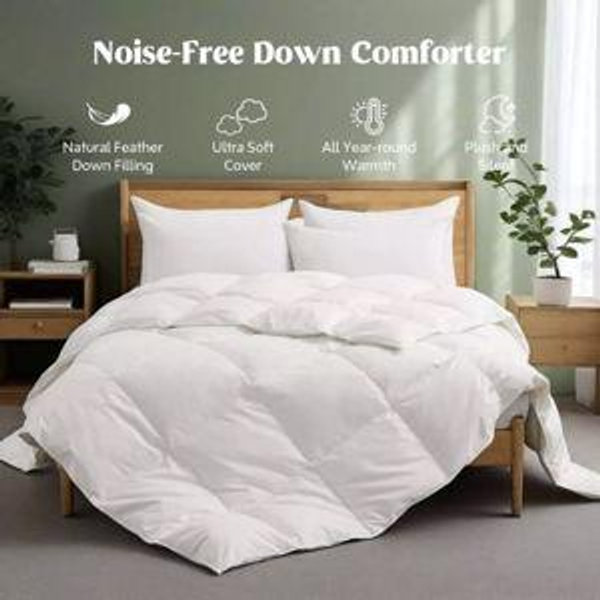 Peace Nest Ultra Soft Noiseless Down Comforter, Natural All Season Duvet Insert, White, Full/Queen, 88x88"