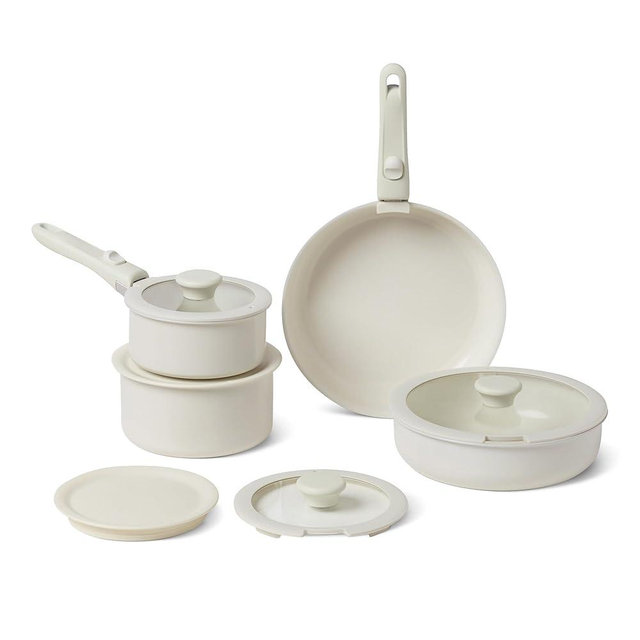 Amazon Basics Ceramic Nonstick Stackable Cookware with Detachable Handles, 11-Piece Set, All Cooktop Friendly, Ivory