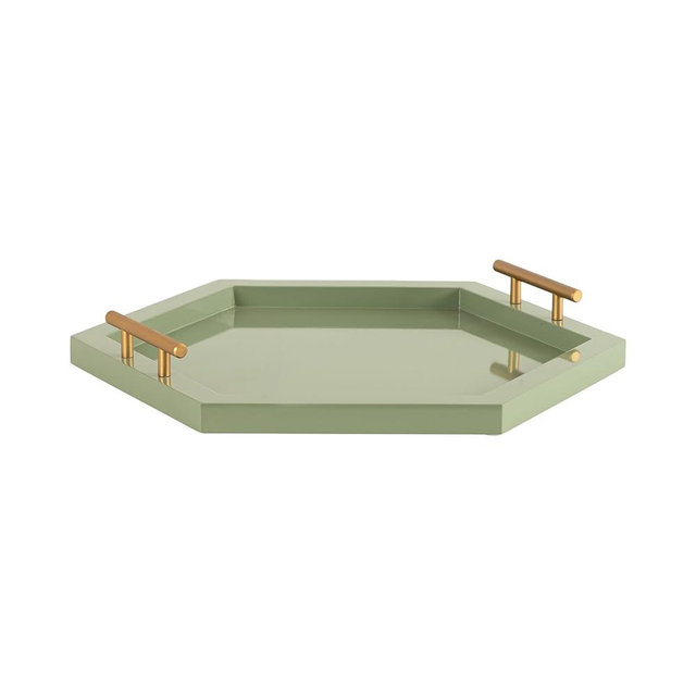 Kate and Laurel Halsey Decorative Hexagon Tray with Gold Metal Handles, 18 x 16, Green and Gold, Modern Glam Serving Tray with Handles for Living Room Decor