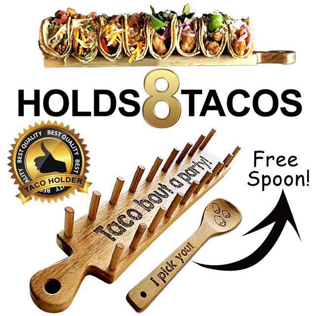 Wooden Taco Holder Tray Stand for Kitchen - Rack Set Holds 8 Soft or Hard Shell Tacos - Best for Adults & Kids Taco Train