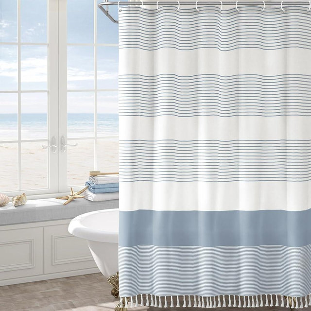 Awellife Blue Shower Curtain Beach Ocean Coastal Nautical Shower Curtain for Bathroom Stripe Tassel Shower Curtain 72 X 72 Inches Cotton Linen