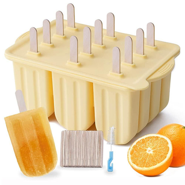 Popsicle Molds, MEETRUE 12 Pieces Silicone Popsicle Molds Easy-Release BPA-free Popsicle Maker Molds Ice Pop Molds Homemade Popsicle Ice Pop Maker with 50PCS Popsicle Sticks+Cleaning Brush, Yellow