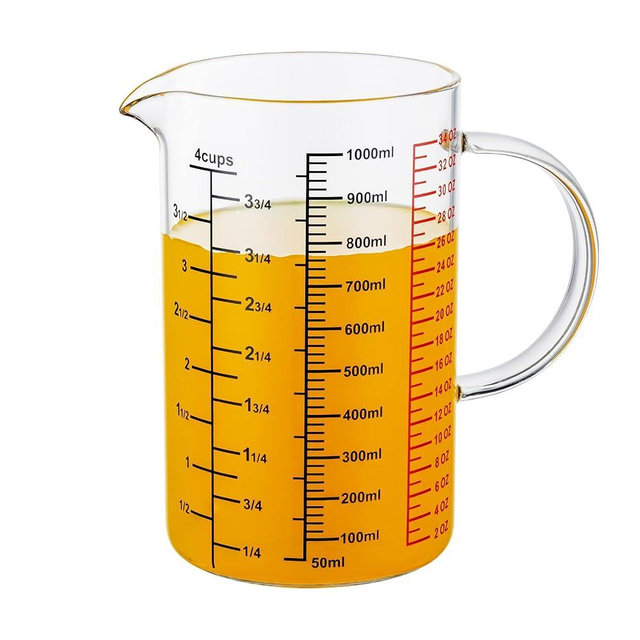 Ackers Mirror Graduated Glass Measuring Cup - [Insulated Handle | V-Shaped Spout] - High Borosilicate Glass Measuring Cup for Kitchen or Dining, Easy to Read, 1000ml (32oz, 4 Cup)