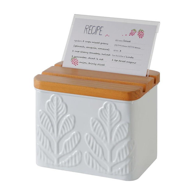 HOME PALETTE Recipe Box with Cards and Dividers Set 4x6 Recipe Holder for Kitchen Counter Metal White Plant Pattern Embossed Recipe Card Box with Wooden Grooved Lid