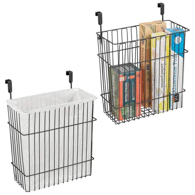mDesign Metal Wire Hanging Over Door Kitchen Storage Organizer Basket/Trash Can - Hangs Over Cabinet Doors - For Bags, Tin Foil, Wax Paper, Saran Wrap - Solid Steel - 2 Pack - Matte Black