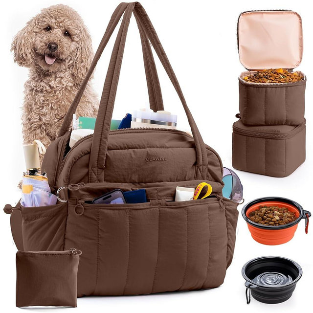 CLAWIST Dog Travel Bag for Supplies, Airline Approved Pet Travel Organizer with 2 Food Containers & Collapsible Bowls, Large Capacity Dogs Tote Bag for Weekend, Stylish Dog Mom Gift for Pet Lovers