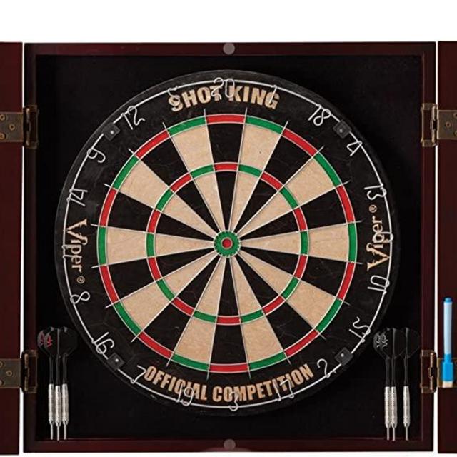 Viper Hudson All-in-One Dart Center: Classic Solid Wood Cabinet & Official Sisal/Bristle Dartboard Bundle: Standard Set (Shot King Dartboard), Mahogany Finish