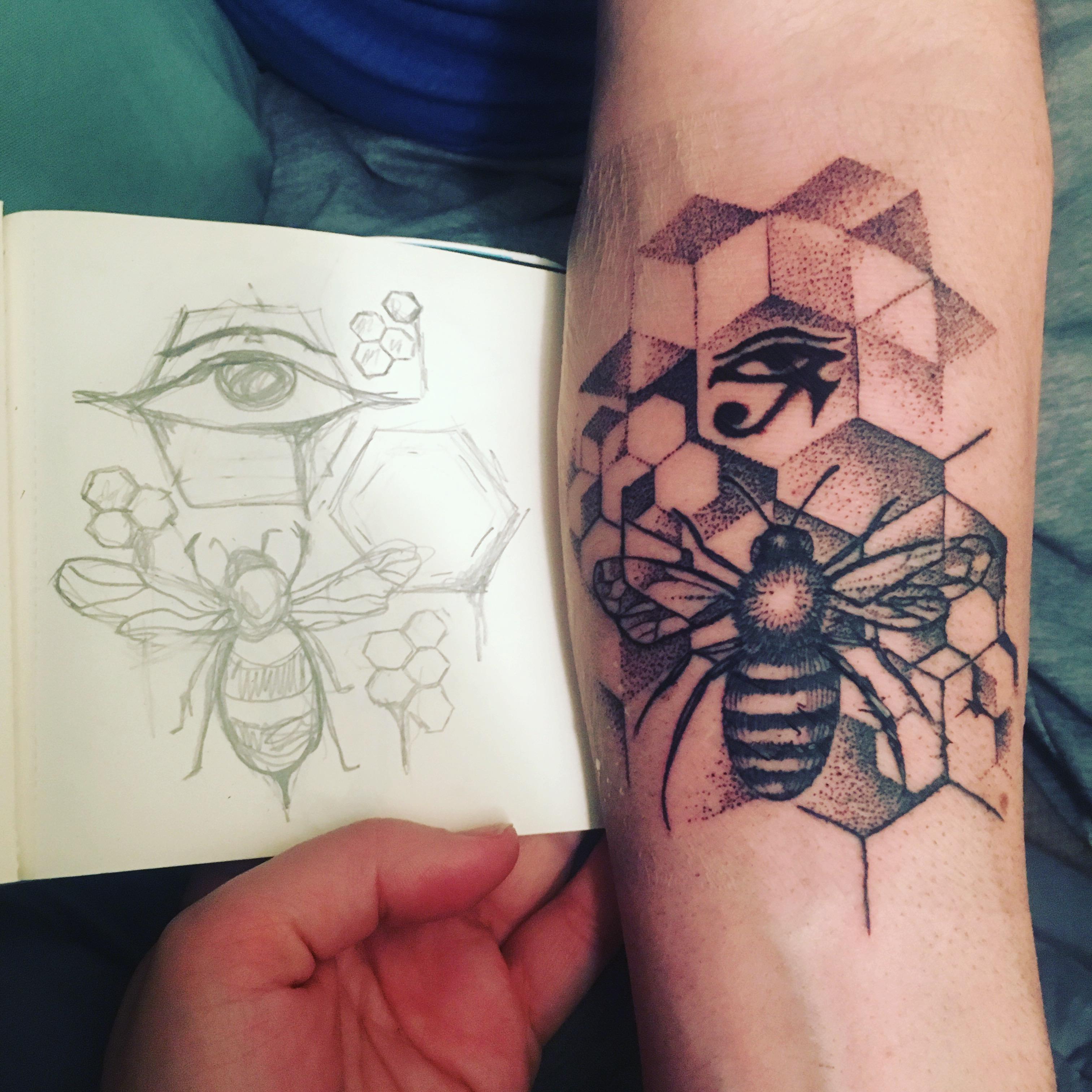 Sara drew a tattoo design for Jeremy while on vacation in Nevada. When he got home, he brought it to a tattoo artist in NYC who did an incredible job translating the design into a tat!