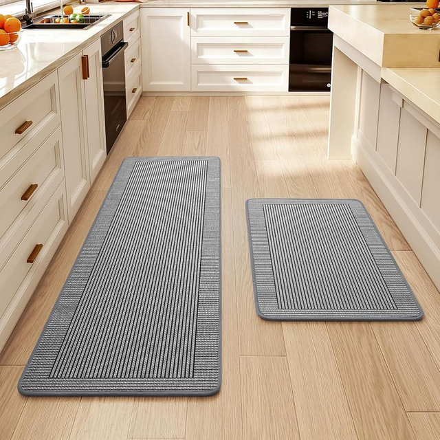 QiCaiJia Kitchen Mats for Floor, 17''x30''+17''x47''Kitchen Rugs Set of 2, Washable Non Slip Absorbent Kitchen Mat, Braided Kitchen Runner Rug, Kitchen Sink Rug, Grey