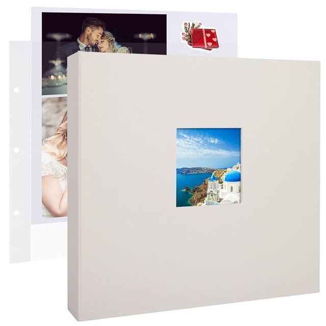 1DOT2 12x12 Inch Large 3 Ring DIY Scrapbook Photo Album Journal with 30 Plastic Sleeves 60 Pages and Fabric Cover for Baby Travel Wedding Couple Anniversary kids Adventure (Beige Cover/White Pages)
