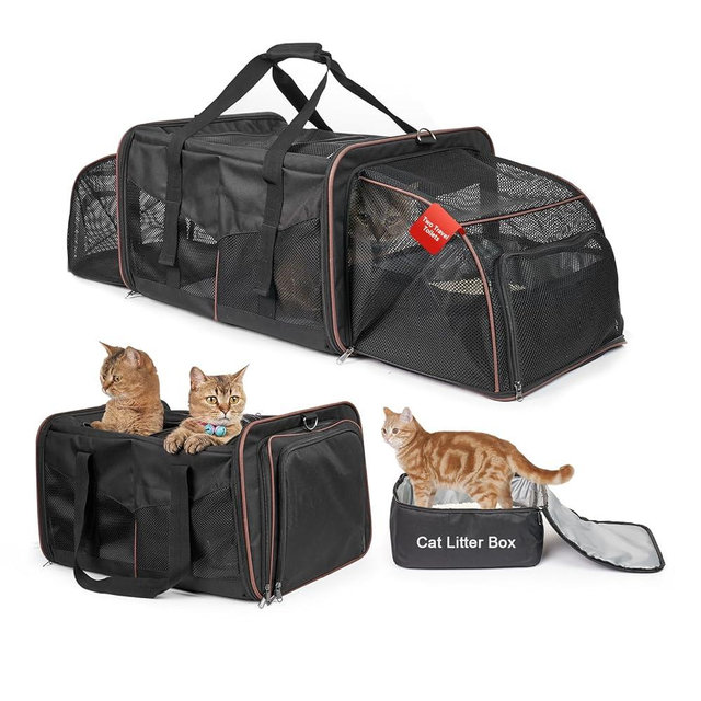LitaiL Cat Travel Carrier with Litter Boxes for 2 Cats, Double-Compartment Soft Pet Carrier, Expandable Portable Cat Carrier for Car Travel, up to 35 lb Road Trip, Camping, Hiking, Black