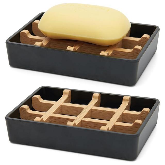 Bamboo Soap Dishes for Shower Wooden Soap Bar Holder for Bathroom Soap Tray Easy to Clean, Durable and with Non-Slip Pads(Single Black Square)