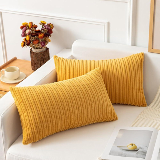 Kevin Textile Decorative Plush Velvet Corduroy Striped Throw Pillow Sham Pillow Case Cushion Cover for Lumbar, 12 x 20, Set of 2, Orange Yellow
