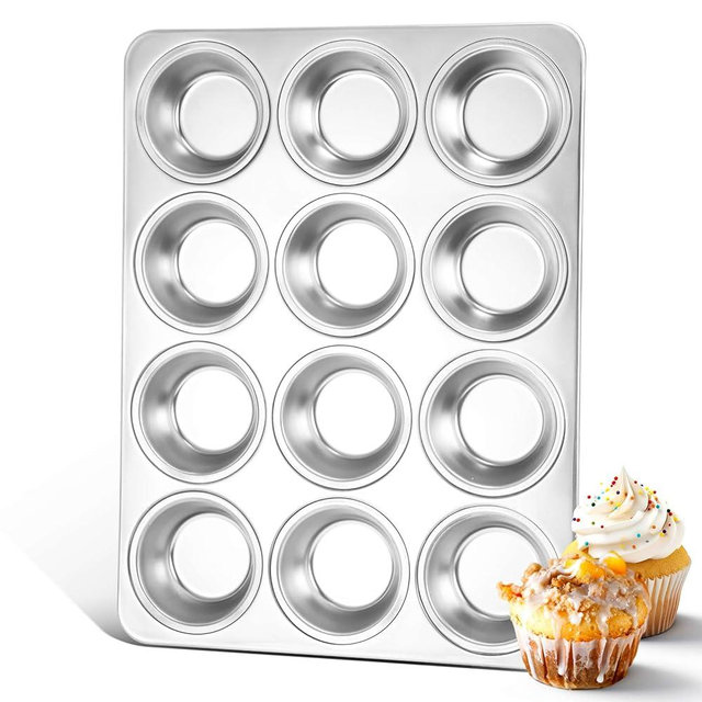 Herogo 12-Cup Stainless Steel Muffin Pan Tin for Baking, Metal Cupcake Tray Set for Making Egg Muffin Quiches, Mini Brownie, Easy to Clean & Quick Release, Oven & Dishwasher Safe